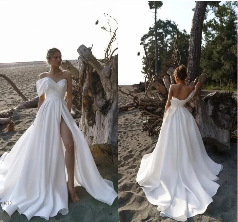 Sheath Off Shoulder Satin Wedding Dress with High Side Slit and Train WW1012