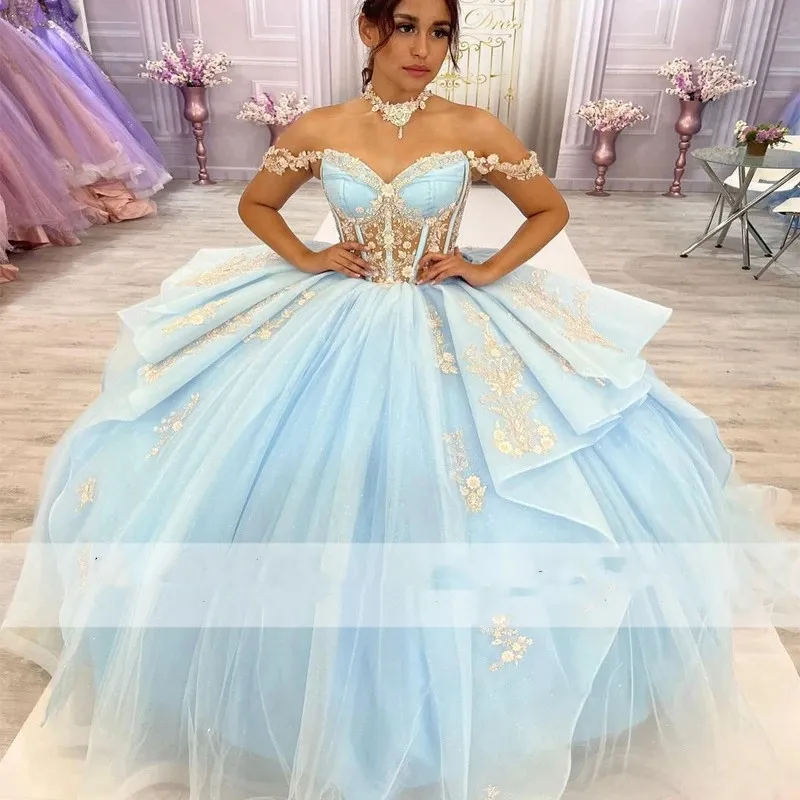 Elegante luz azul plus size vestidos quinceanera 2023 fora do ombro contas de cristal apliques vestidos de 15 anos espartilho 322