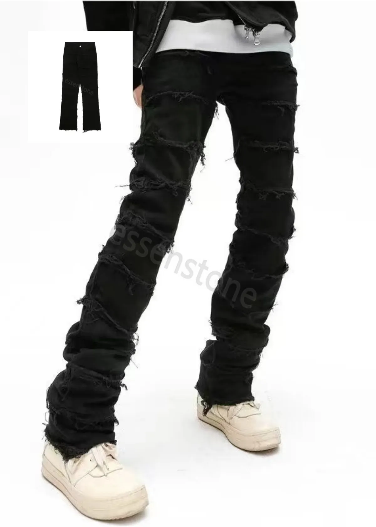 Mens Black Jeans retro lapptäcke blossade byxor grunge vild staplade rippade långa byxor raka y2k baggy tvättad blekad för man denim