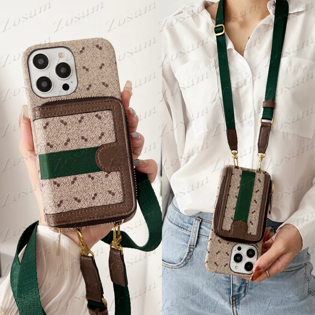Top Fashion Red Green Stripe Phone Case for iPhone 15 14 13 12 Pro Max 11 X Xs Xr 8 7 Plus Leather Card Gadgets Storage Bag Holder Cover Zipper Strap