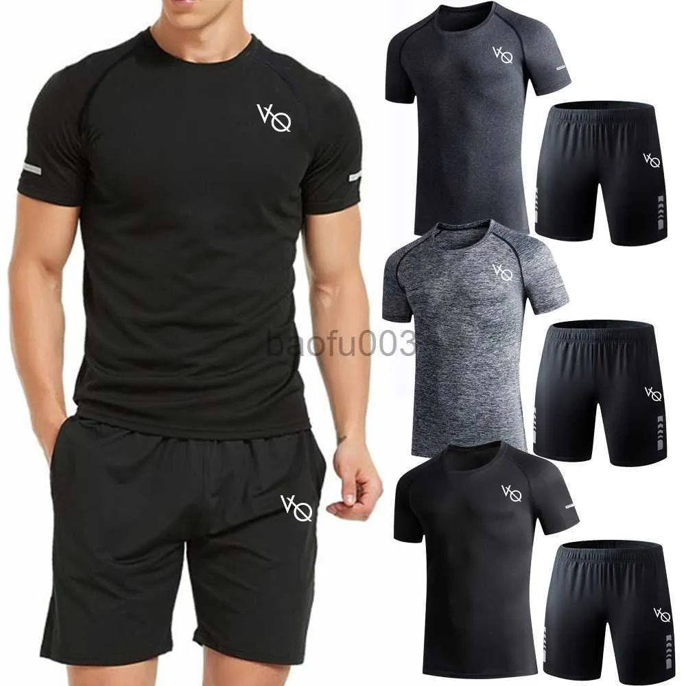 Herrspåriga män Slim-Fit Sports Set Luxury Printing Quick-Torkning Kortärmade Shorts Passar Summer Running Fitness Ice Silk T-Shirt Training J230531