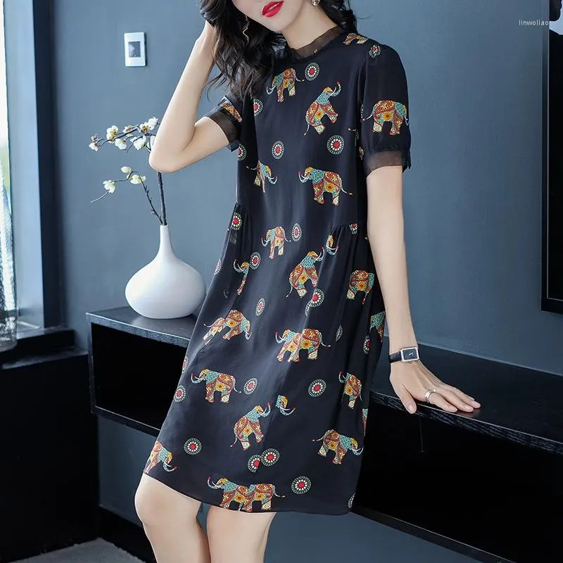 Casual Dresses Real Silk Black Women's 2023 Summer Elegant Fashion O-Neck Kort ärm Vintage Print Loose Woman Straight Dress