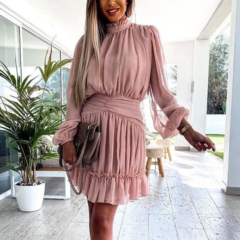 Casual Dresses 2023 Autumn Women's Mesh Chiffon Dress Half High Neck Long Sleeve A-Line Mini Ruffles Ladies Sexy Party Vestidos