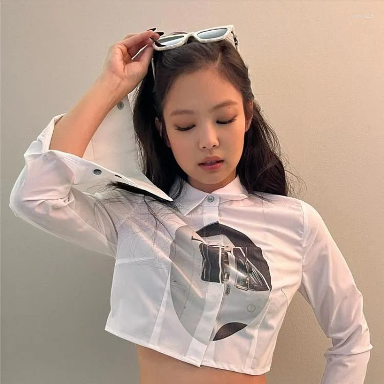 Blouses pour femmes mode coréenne revers cou imprimé chemises femmes printemps à manches longues blanc Sexy haut court décontracté Blusas Mujer Y2k Streetwear