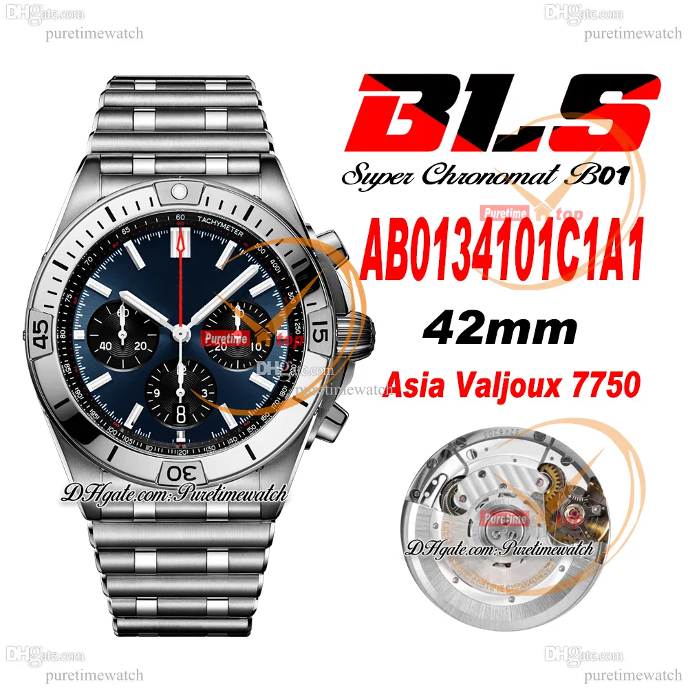 BLS Chronomat B01 ETA A7750 automatische chronograaf herenhorloge 42 blauw zwarte wijzerplaat roestvrij staal Rouleaux Bracele AB0134101C1A1 Super Edition Reloj Hombre Puretime