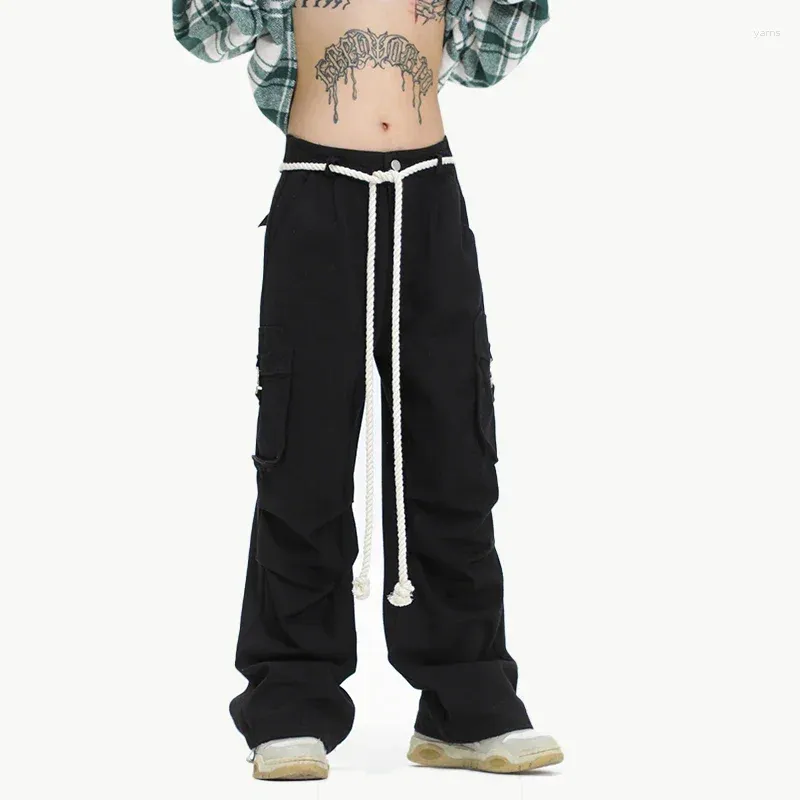 Mens Pants Women Rope Belt Multi Pocket Streetwear Vibe Style