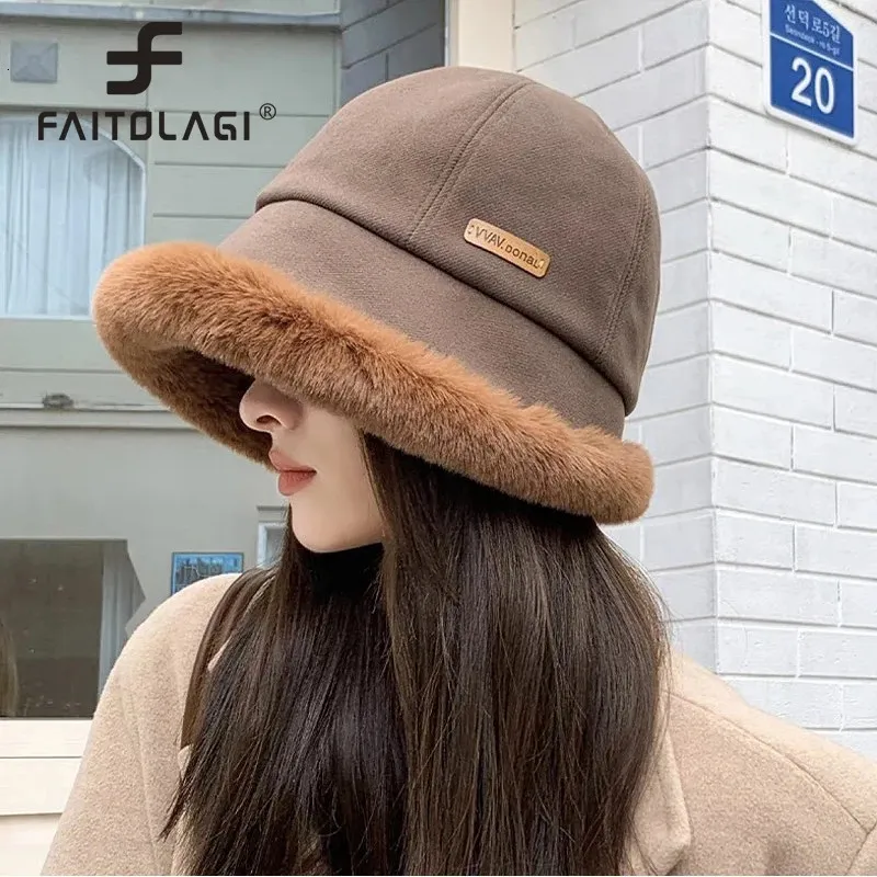 Chapeaux à large bord seau hiver femmes peluche pêcheur casquette épaisse fourrure moelleuse Panama bassin couleur unie chapeau coupe-vent femme chaud bonnet visières 231130