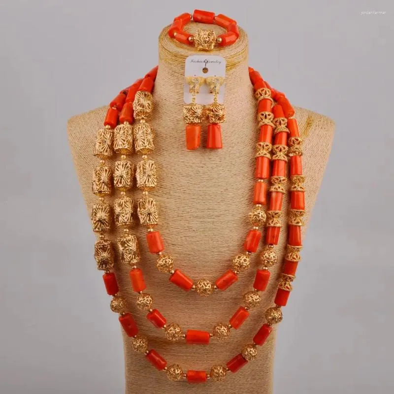 Necklace Earrings Set Fashion Orange Natural Coral Nigeria Wedding Beads Accessories African Bride Jewelry AU-471