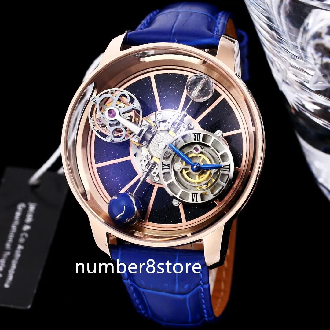 JC Astronomia Tourbillon Erkekler Büyük Boy 47mm Otomatik Mavi Lüks Spor Erkekler İzler Saatler İskeletli Kadran Sapphire Crystal İsviçre Kollwatch Su geçirmez