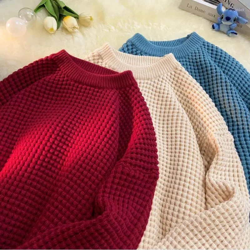 Männer Pullover Koreanische Einfarbig Baggy Pullover Stricken Pullover Rundhals Pullover Frauen Harajuku Strickwaren Weihnachten Rot Gestrickte