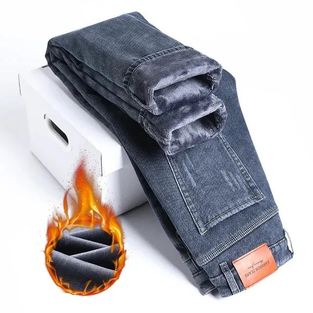Winter Snow Mens Thermal Fleece Denim Pants Warm, Stretchy
