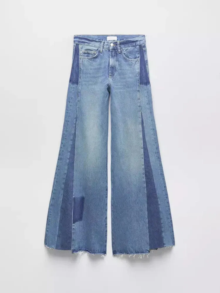 Women s Jeans ZBZA Autumn Patchwork Denim Big Flare Pants Vintage Zipper Streetwear Pocket Wide Leg Tassels Mid Waist 231201