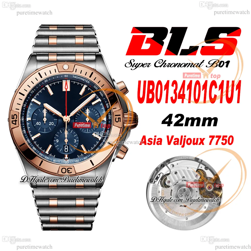 BLS Chronomat B01 ETA A7750オートマチッククロノグラフメンズウォッチ2トーンローズゴールドブルーダイヤルステンレススチールルーーブレイケルUB0134101C1U1スーパーエディション純粋G7