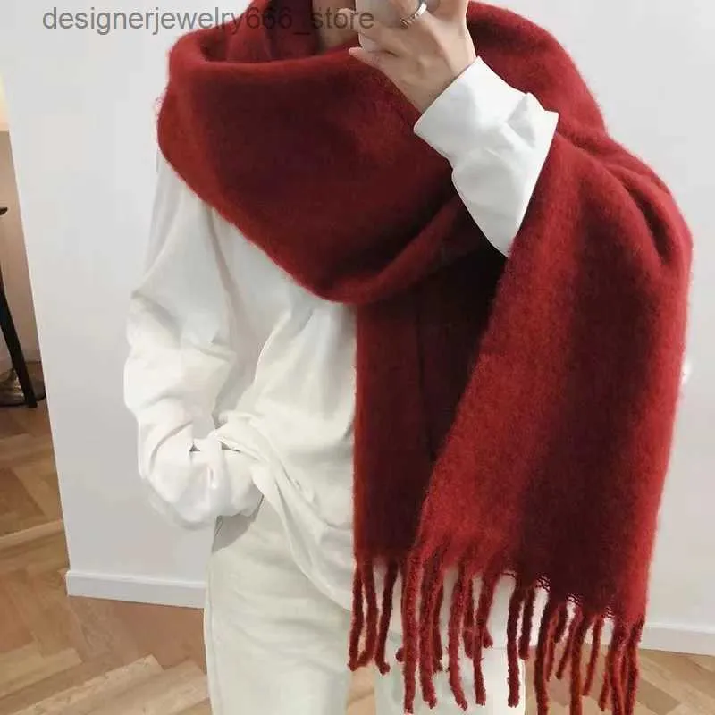 Scarves Winter Thick Warm Scarves Women Pure Color Mohair Cashmere Scarf Tassel Shawl Long Muffler 227CM Q231202