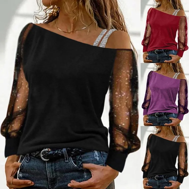 Kadın bluzları Kadınlar Hafif Üstler Seksi Uzun Kollu Üst Rhinestine Net İplik Sequin Omuz Kapalı Omuz Giyim Strap Shirt Bluz Parti