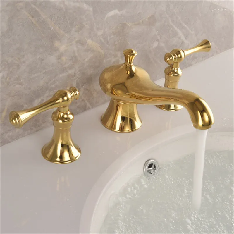 Badezimmer-Waschtischarmaturen Tuqiu Basin Total Brass Weit verbreiteter Wasserhahn Gold 3-Loch und kalter Wasserfall-Wasserhahn