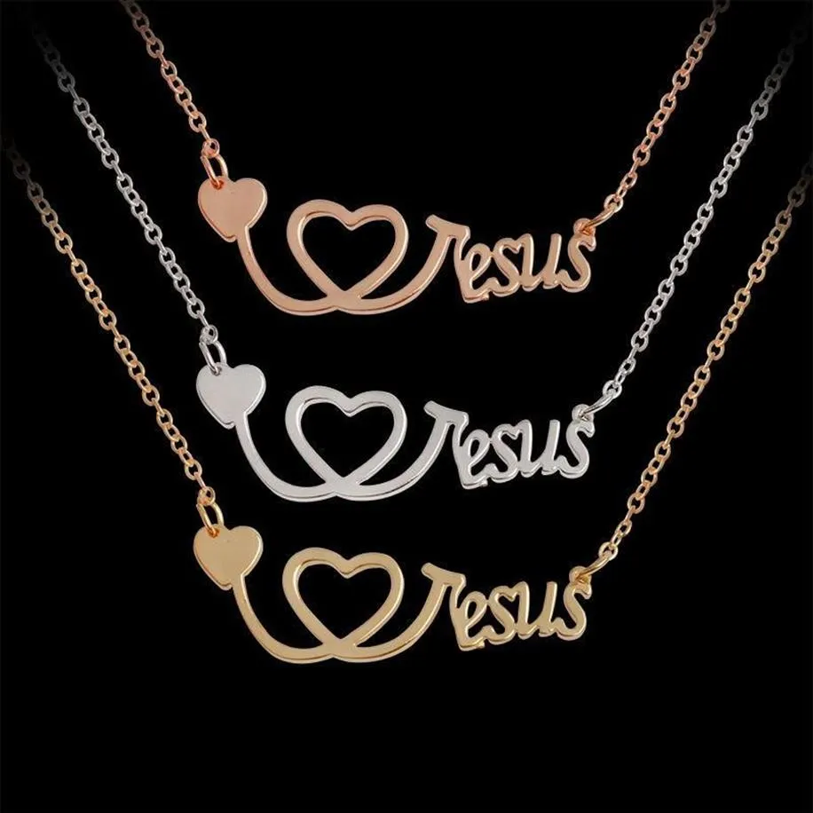 Eu amo jesus colar prata rosa ouro coração estetoscópio pingentes acreditar moda jóias para mulheres homens jóias gift277f