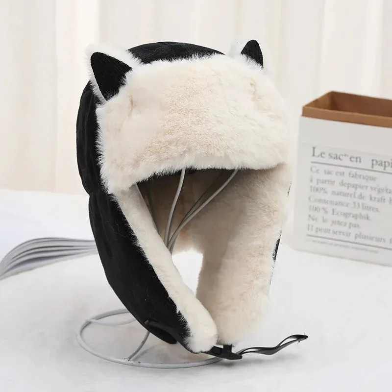 Trapper Hats Fashion Winter Mens And Womens Cat Ears Lei Feng Hat Plush Thickened Warm Cap Wind Proof Outdoor Riding Ear Protection Hat 231201