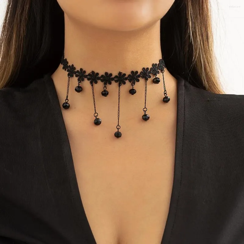 Anhänger Halsketten Punk Spitze Choker Halskette für Frauen Retro Schwarz Gothic Lolita Wasser Tropfen Quaste Schmuck Geschenk