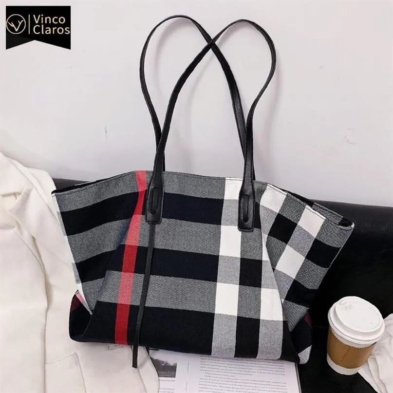 Evening Bags Large Capacity Cotton Fabric Plaid Casual Tote For Women Fashion Shoulder Bag Handbags Designer Bolsos Sac254W