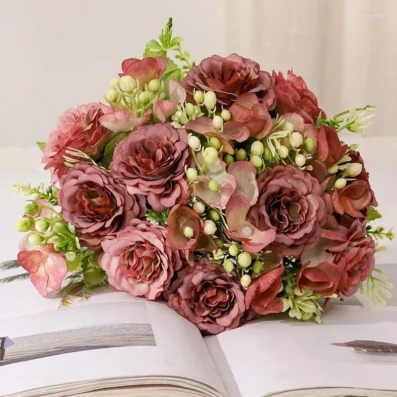 Dekorativa blommor heminredning konstgjord blommor silke pion hortensia bukett brud blommig simulering klassisk lafite peonies falska