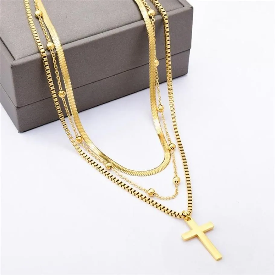 Chokers Multi Layer Snake Bone Chain Necklace Fashion Three-layer Cross Pendant Titanium Steel Sweater3338