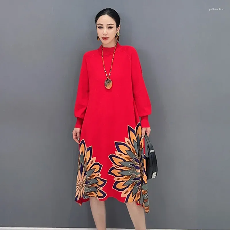 Casual Dresses Women Stylish Flower Print Jumper Dress Autumn Loose Knitted Round Neck Full Sleeve Sweater Pullover