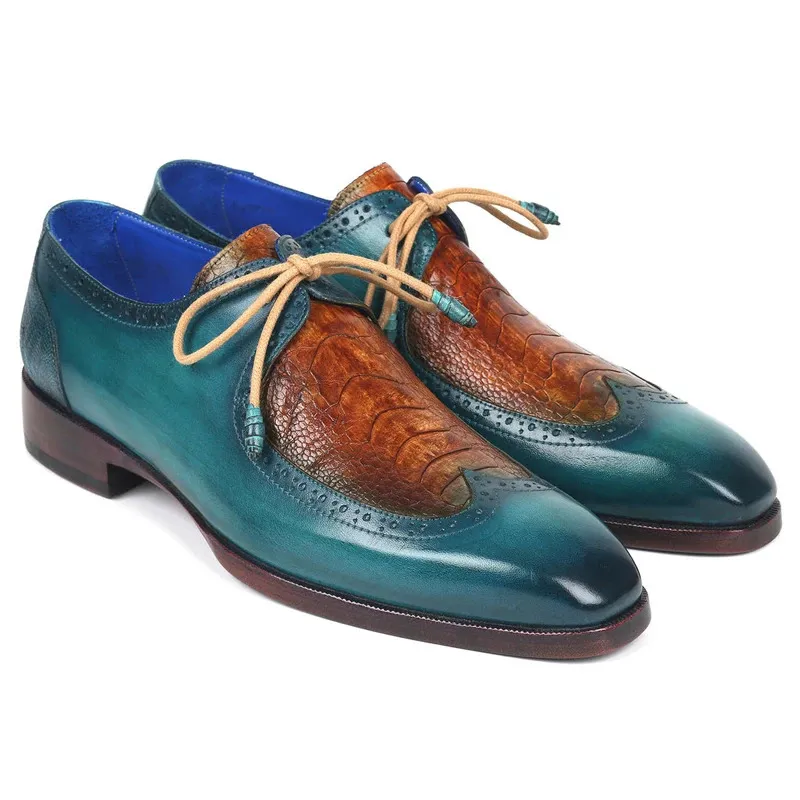 Klänningskor män blå brun totem tryckt skor äkta läder spetsiga huvud glid på dagliga klänningar skor fest vintage mode mäns loafers 231130