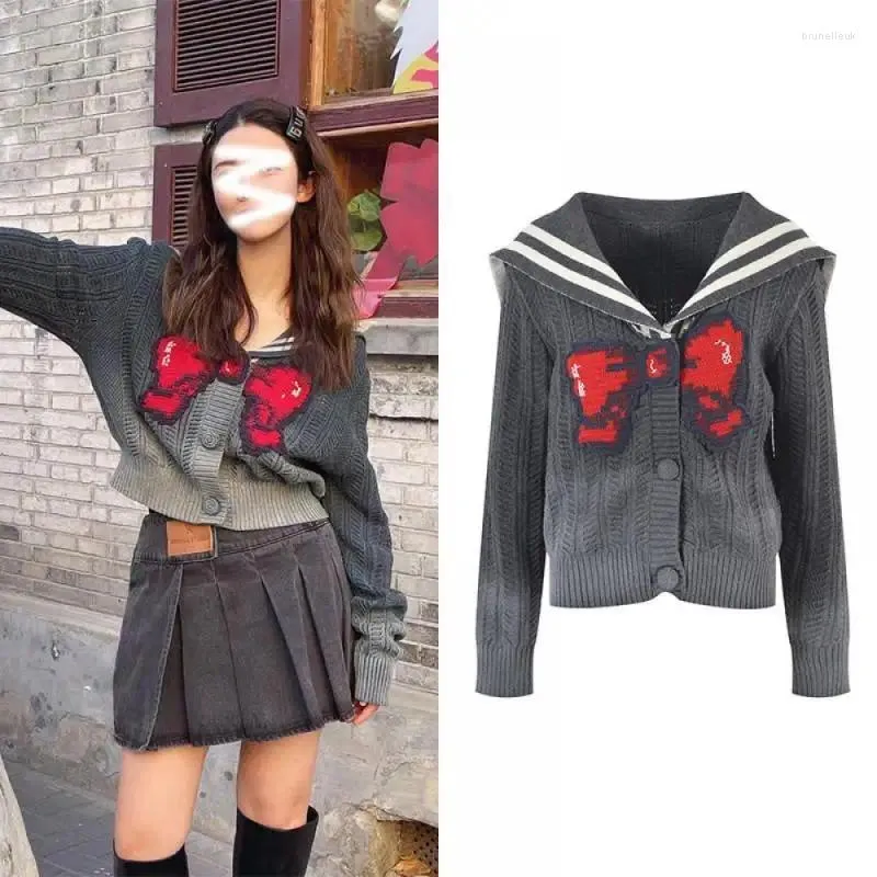 Kvinnors stickor Navy Neck Red Bow Brodery Sticked Short Cardigans Sweater Women 2023 Fall/Winter Coat Brand Design Gradient Chic Top