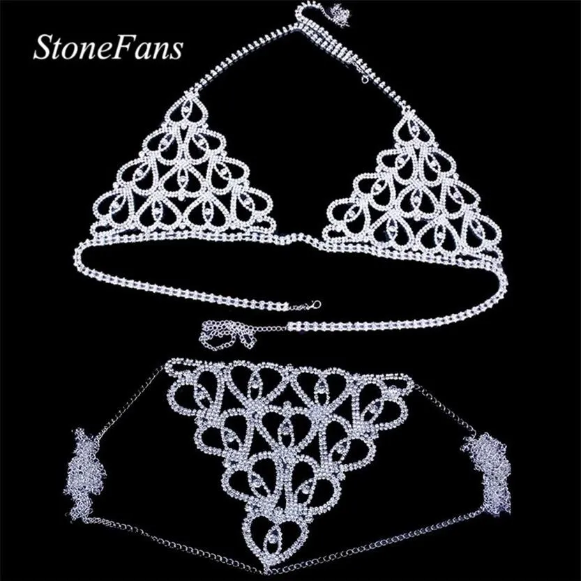 Stonefans kvinnor Sexig hjärta strass bh kropp bröstkedja tillbehör kristallkropp smycken transparent thong trosor underkläder t2212o