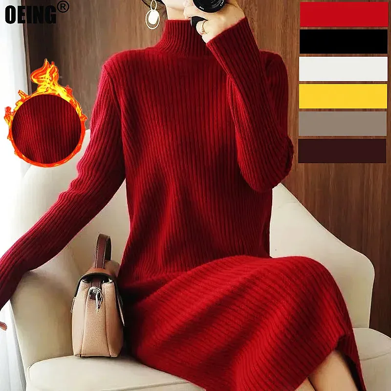 Urban Sexy Dresses Winter Turtleneck Knit Korean Vintage Löst knä Gravida kvinnors varma klänningar solida rak långärmad pendeltröja klänning 231130