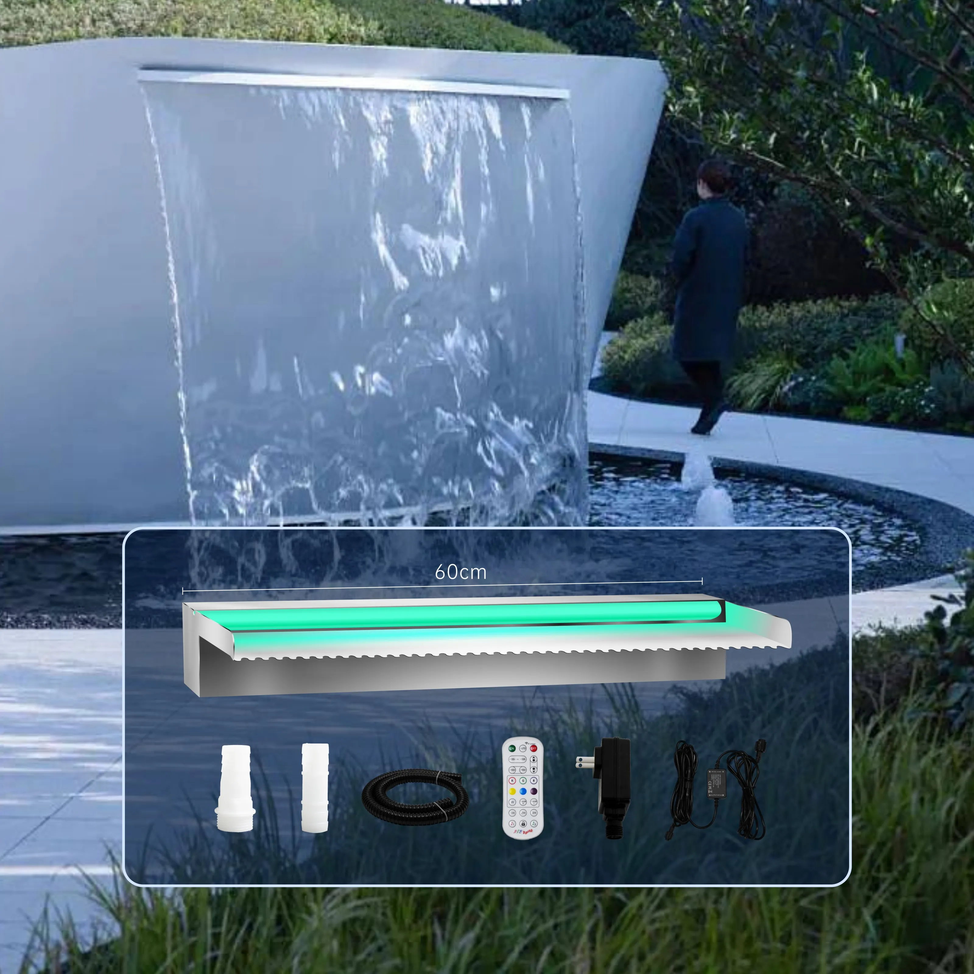 LED Waterfall Spillway Kit - 60cm Stainless Steel Water Blade Fountain ...