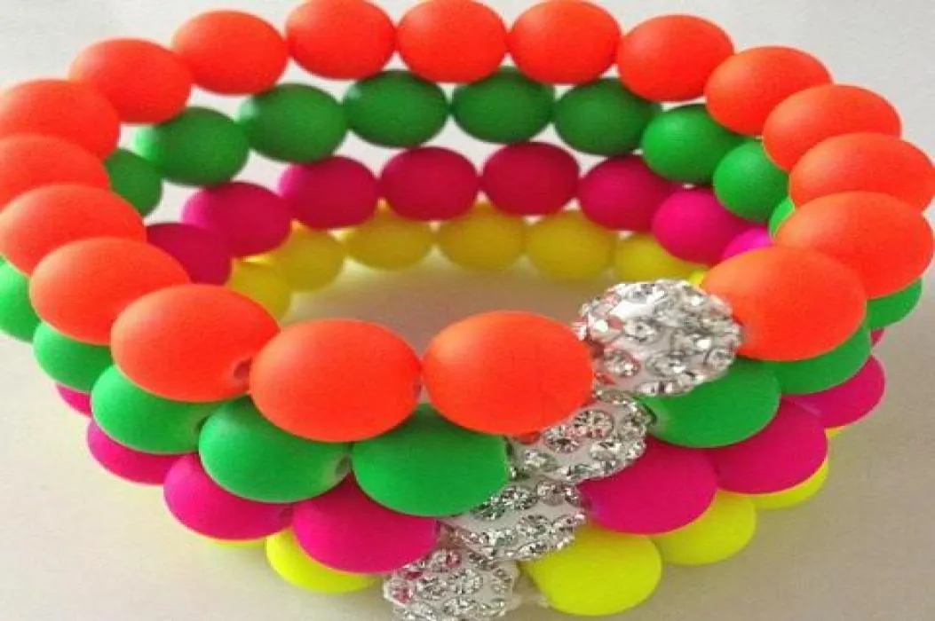 Lowest 10mm Neon Bracelet fluorescence Color Beads Disco Ball stand stretch Shamballa bracelets handcraft women jewelry 3043106