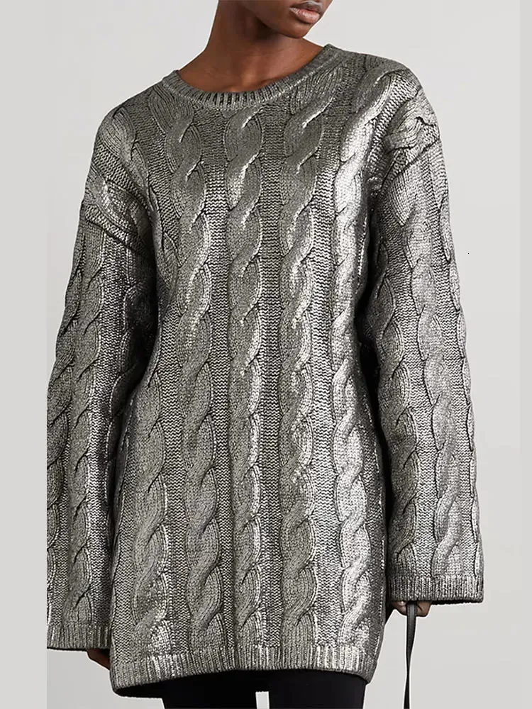 Women's Sweater Silver Metallic Cable Knit Long Wool Sweater Fashion Loose O Neck Full Sleeve Pullover 2023 Autumn Lady Casual Chic Jumper 231201