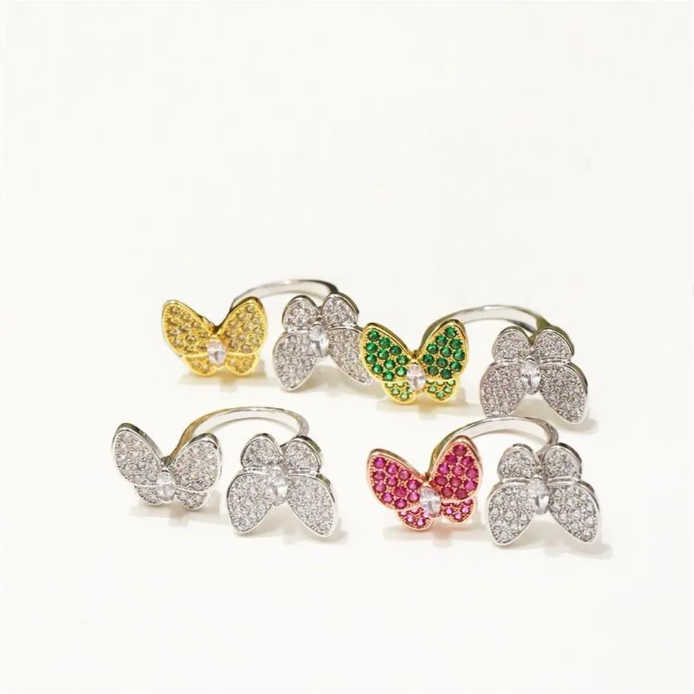 Europe Amérique Mode Anneaux Lady Femmes Laiton Paramètres Diamant De Couleur Or 18 Carats Deux Papillon Entre La Bague 4 Color327S