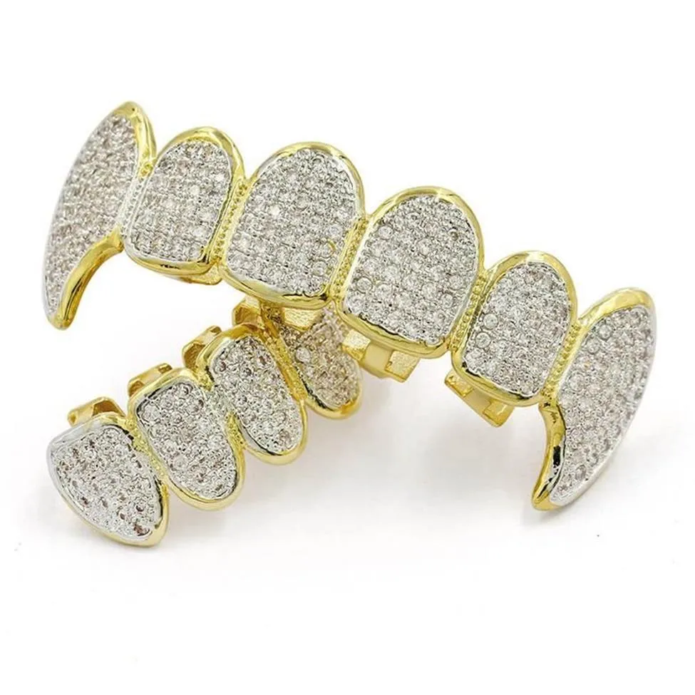 Hip Hop Grillz Luxe Glaring Zircon Micro Pave Grills Dentaires Mode Hommes Femmes Plaqué Or 18 Carats Orthèse Dents 2 Pièces Ensemble Whole323r