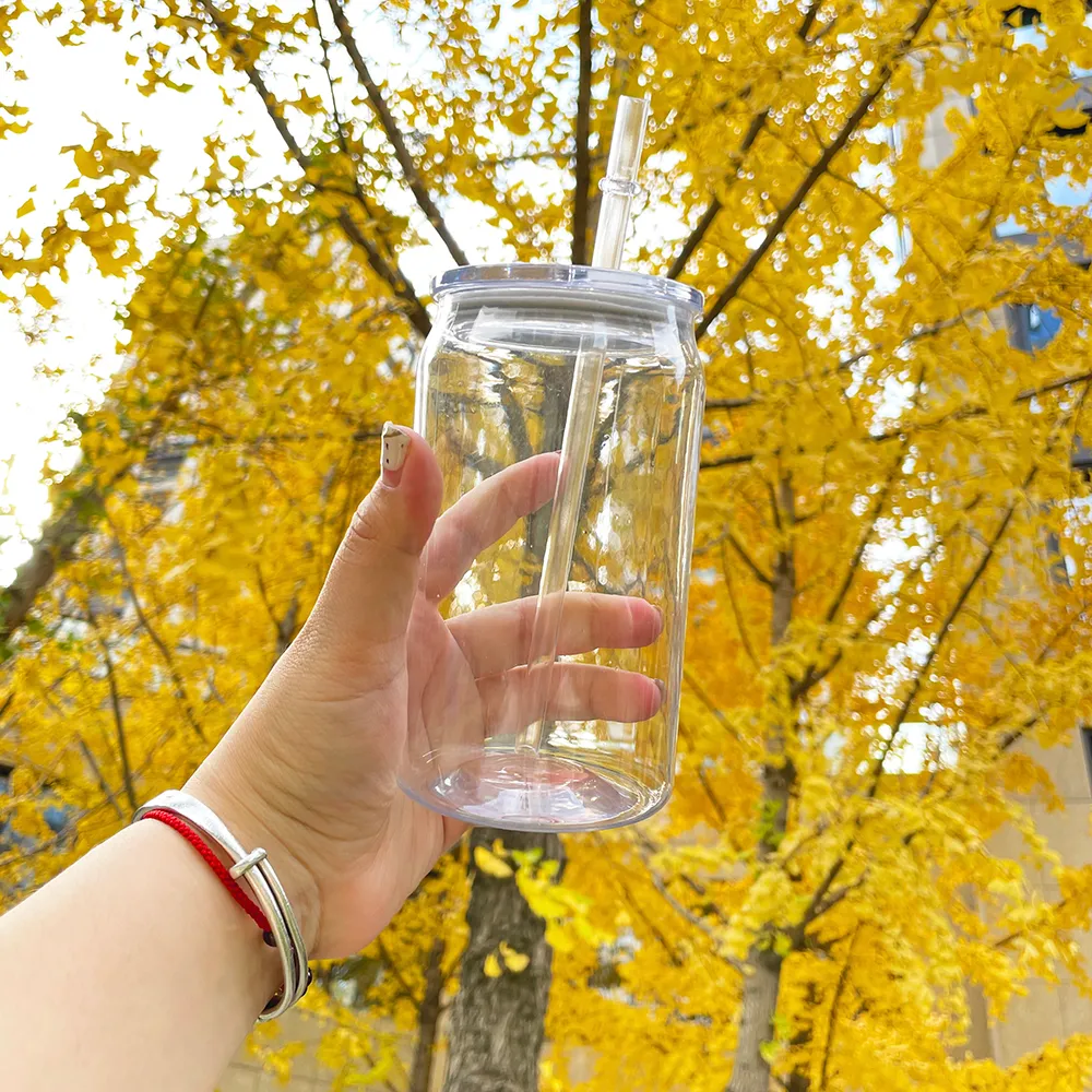 Acrylique en plastique de 16 oz avec couvercle en pp et paille pour boissons froides, gobelets recyclables, tasse à café transparente, 60 pièces/caisse pour emballages UV DTF prêts à être expédiés