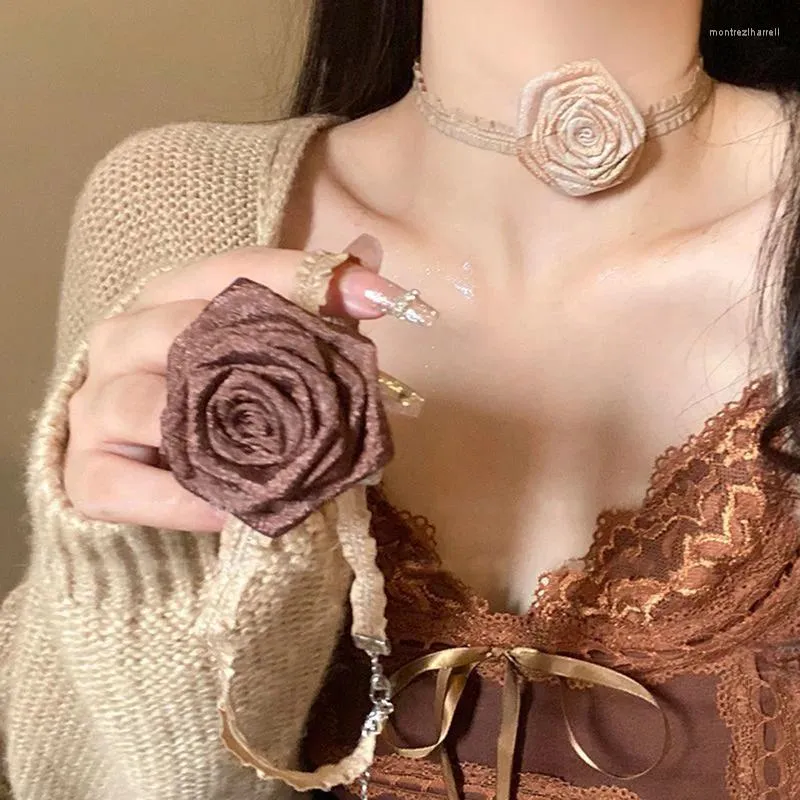 Catene Collana sexy con fiori di rosa per donne Collo clavicola Girocolli in pizzo Accessori per gioielli da donna Regalo per ragazza