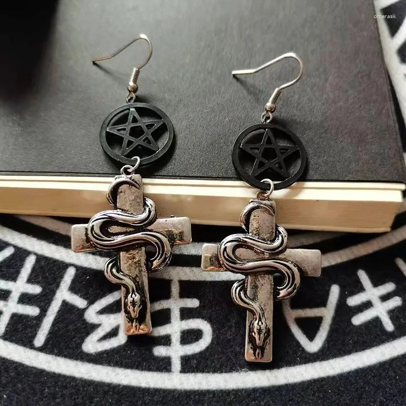 Dangle Earrings Gothic Black Pentagram Snake Drop For Women Vintage Exaggerate Cross Earings Antique Silver Color Goth Jewelry VGE174