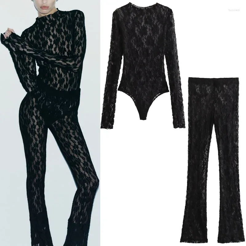 Women's Pants Black Sexy Slit Lace Leggings Women Fashion High Elastic Waist Semi-Sheer Side At Hem Long Female Suits