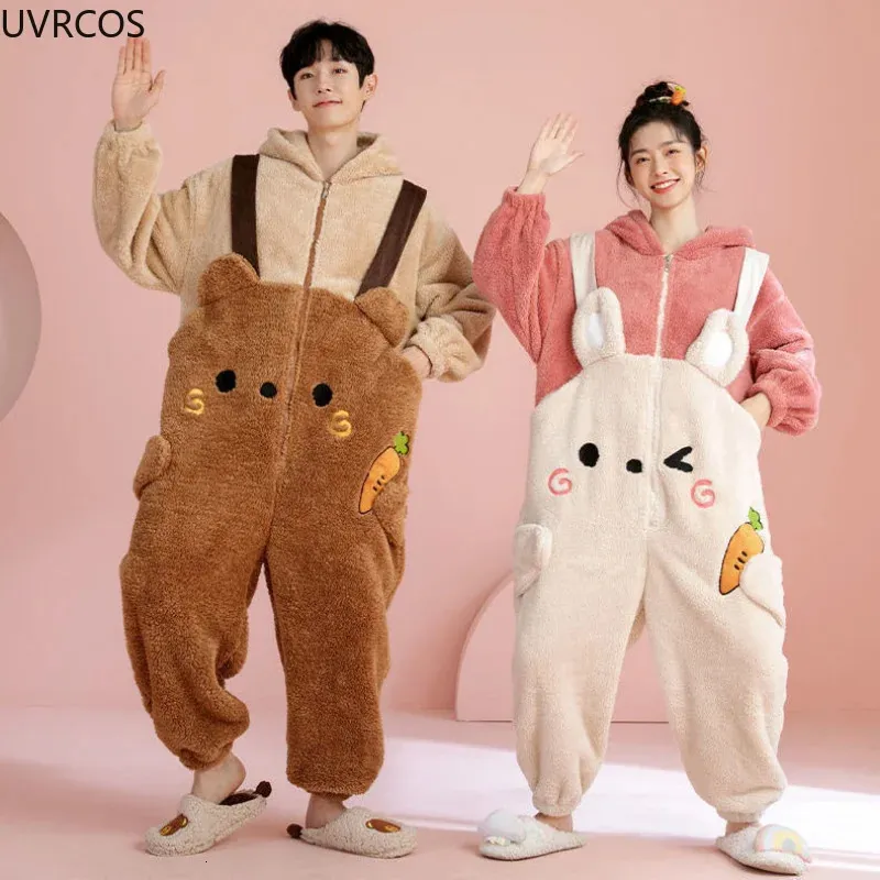 Kawaii Bunny Ears Hooded Couple halloween pajamas Sweet and Cute Winter Sleepwear for Women and Men 231130