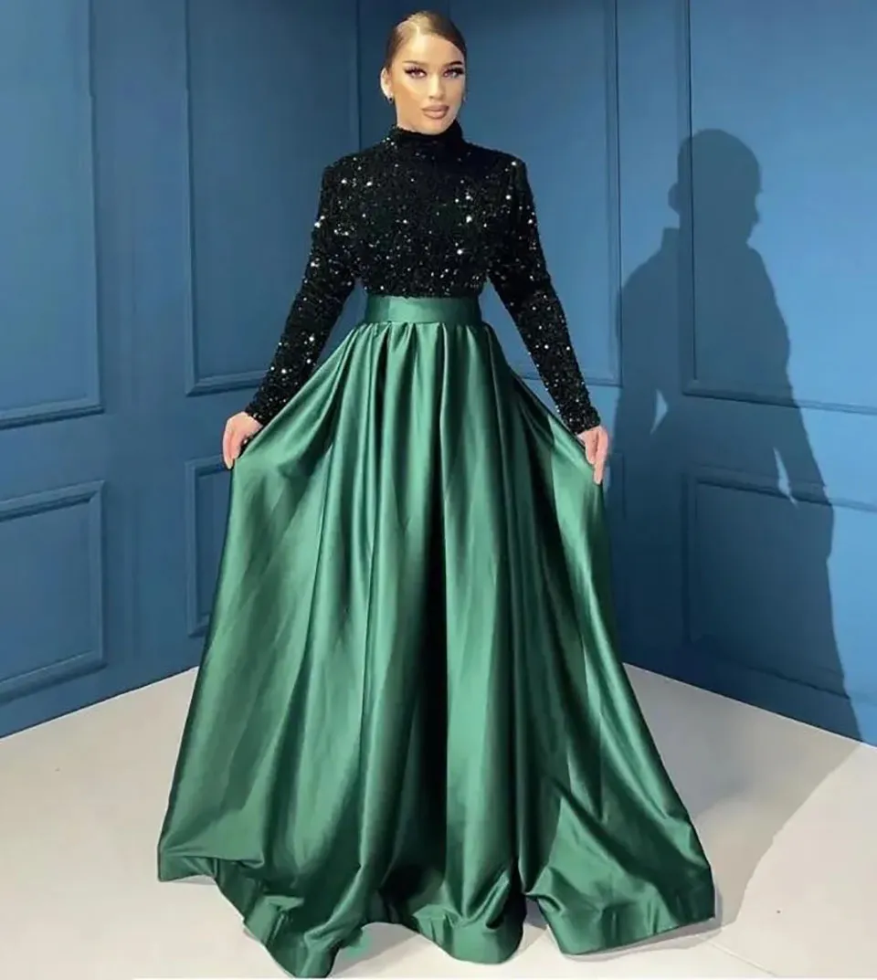 Prom Dresses Dark Green Plus Size Evening Gown Party Formal Zipper Lace Up New Custom Long Sleeve A Line High Neck Satin Sequins