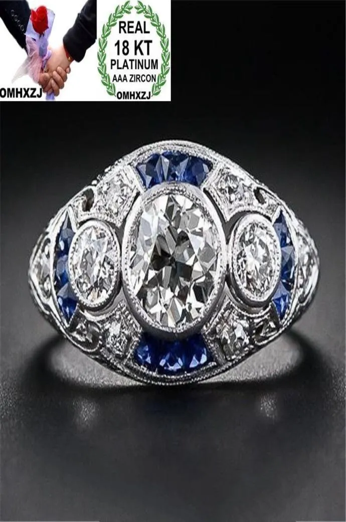 Omhxzj todo europeu três anéis de pedra moda mulher homem festa presente casamento luxo oval branco azul topázio zircão 18kt branco go9181618