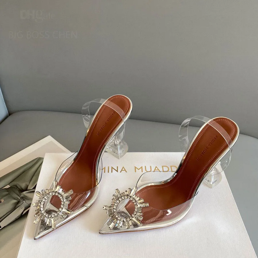 AMINA MUADDI クリスタル装飾ストラップ付き メッシュフラット DHgate.com:Amina muaddi square buckle crystal decorated PVC