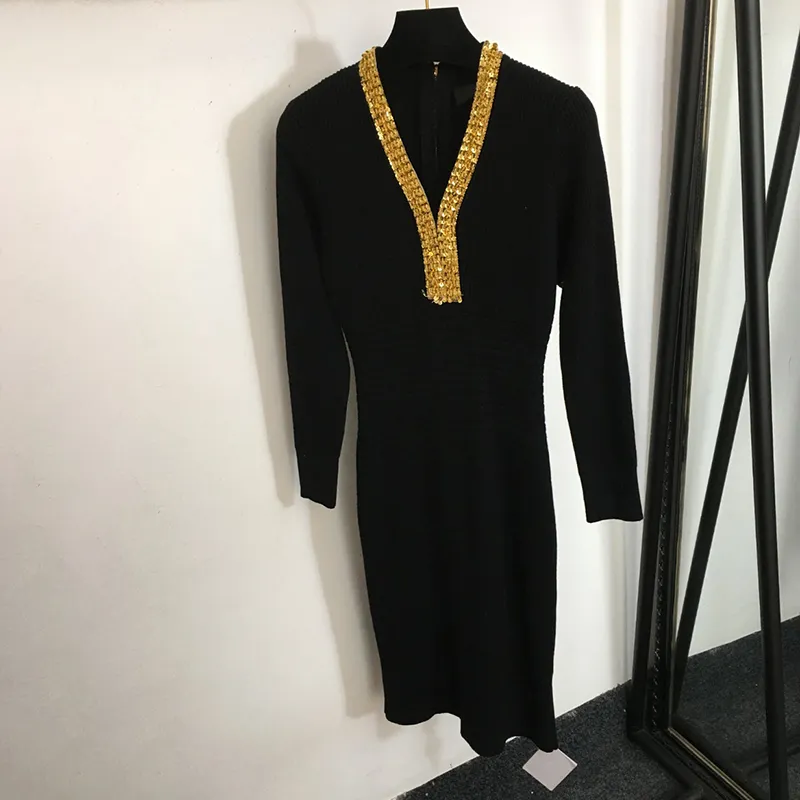 vネックニットドレスレディースと長いスカートスパンコールスパンコールドレスクラシック長袖の女性ドレス服