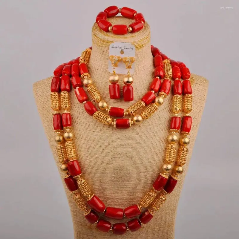 Necklace Earrings Set Red Coral Beads Jewelry African Wedding Nigerian Bridal