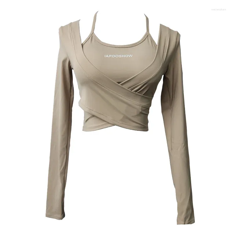 Yoga Outfit Sport-BH Fake 2-teiliger Anzug Top Damen Herbst und Winter Laufen langärmelige Fitnesskleidung mit Brustpolstern