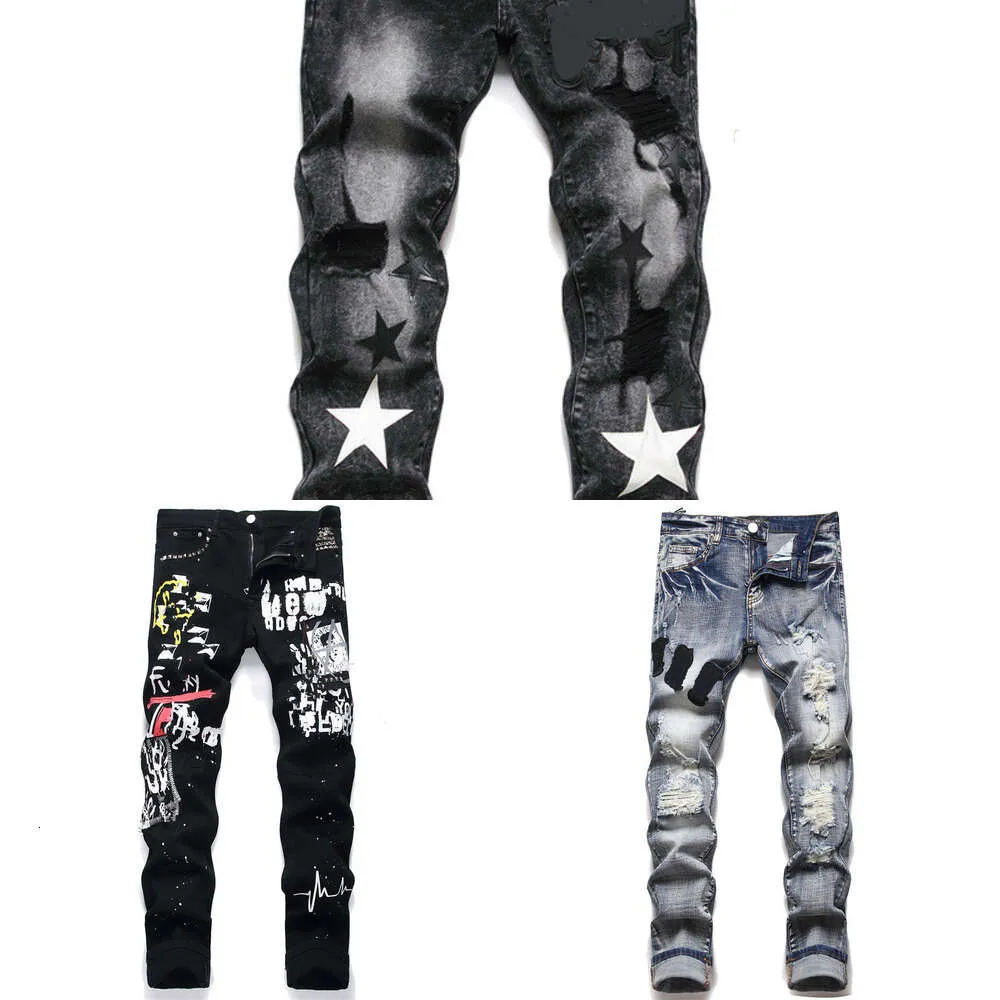 Mode-item. Designer Heren Europese Jean Hombre Herenbroek Broek Biker Borduursel Gescheurd voor Trend Katoen Mode Jeans