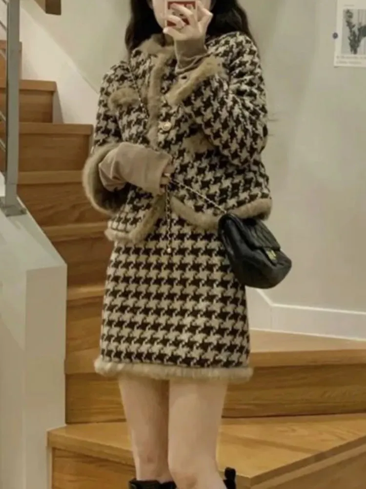 Dwuczęściowa sukienka 2023 Winter Vintage Tweed 2 Set Women Women Style Korean Eleganckie przyjęcie w kratę garnitury Slim Warm Long Rleeve Coat Casualna spódnica 231201