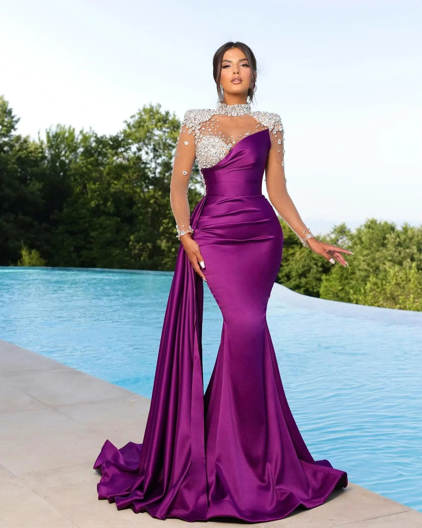 Elegant Black Peach Purple Mermaid Evening Dresses High Neck Sheer Appliques Beads Illusion Long Sleeve Pleats Ruffles Formal Occasion Prom Gowns BC16781